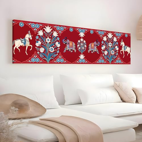 Image of Mughal folk Art Vibe Flower Canvas Wall Art Painting For Living Room, Mughal-Inspired Elephant & Horse Painting Red Traditional Floral Ethnic Wall Art For Home & Office Decor - 13x47 Inch