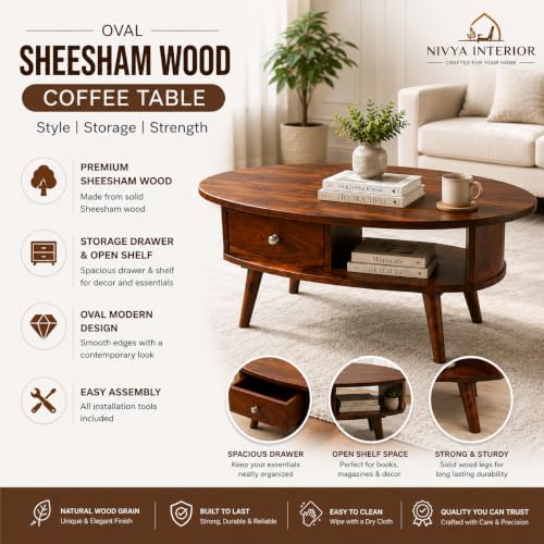 Image of Oval Solid Sheesham Wooden Coffee Table for Home | Living Room Center Table with Storage Shelf & Drawer | Modern Sofa Coffee Table