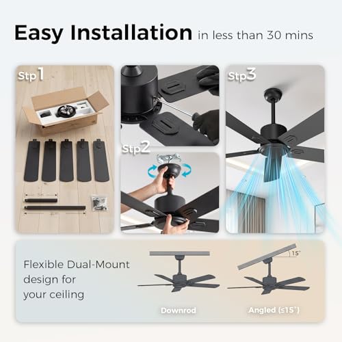 Image of Obabala 52 Inch Ceiling Fan No Light, Modern Black Ceiling Fan Without Light with Remote & APP, Quiet Reversible DC Motor, 6-Speeds, for Living Room, Bedroom, Patio
