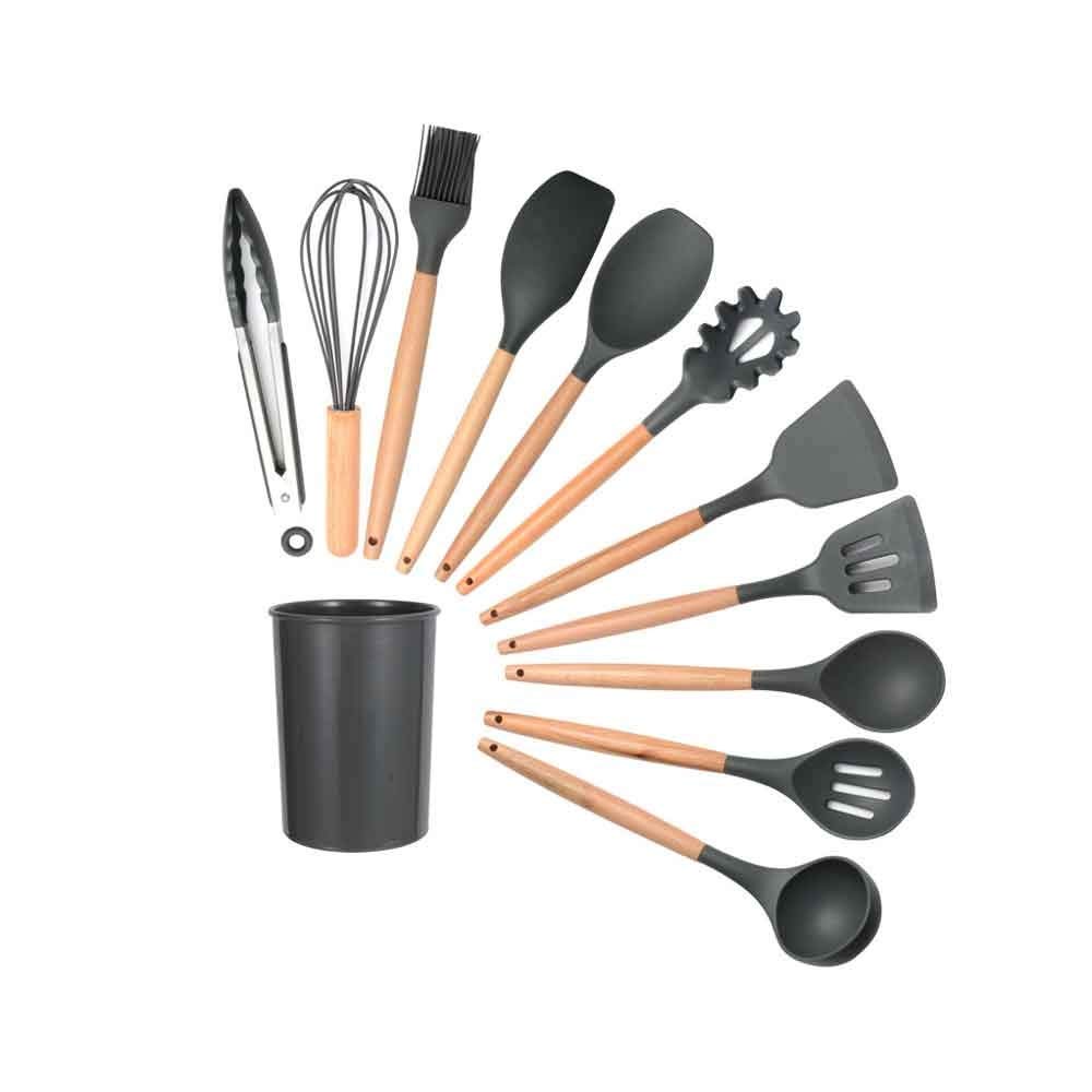 11 Pezzi di Utensili da Cucina in Silicone Set spatola Antiaderente Pala Manico in Legno Set di Strumenti da Cucina con Scatola di immagazzinaggio Utensili da Cucina