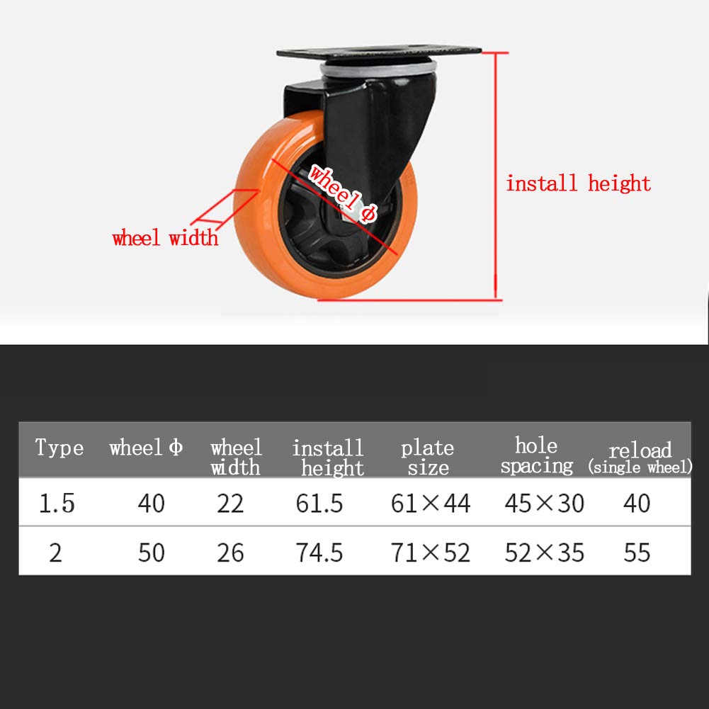 Ruote girevoli per mobili, 4 pezzi, 1,5'' 40 mm/2'' 50 mm, con freno, cuscinetti a sfera doppi in acciaio, piastra antipolvere, ruote universali in poliuretano per carrello, tavolo e letto (arancione,