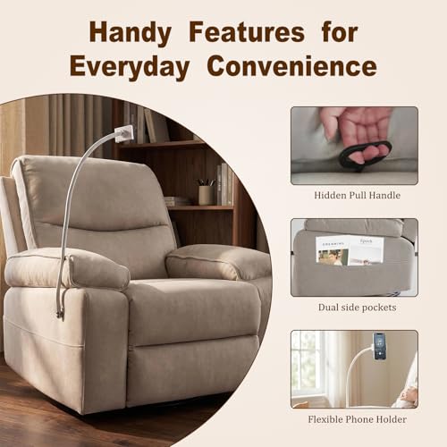 Image of 360 Swivel Glider Rocking Chair Nursery， Oversized Recliner with Phone Holder，Nursing Chairs for Breastfeeding with Wide Foot Rest for Living Room and Baby Room,Linen