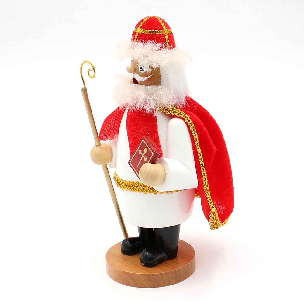 Dekohelden24 Holz Rauchfigur, Räucherfigur, Räuchermännchen, Räuchermann als St. Nikolaus mit Stab und Bibel in der Hand im roten Gewand, L/B/H 11 x 8 x 20 cm.
