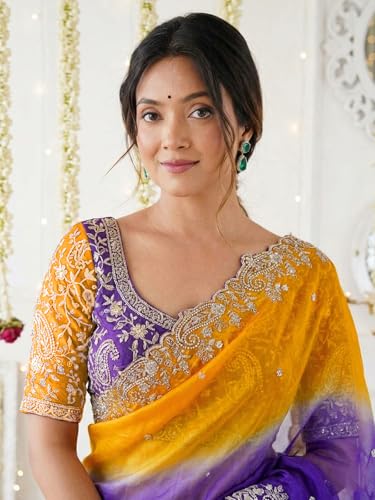 Image of SIRIL Women's Shimmer Chiffon Scalloped Border Sequins Embroidery Saree With Unstitched Blouse Piece