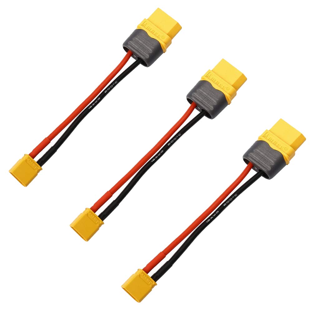3 Pcs Amass XT60 XT60H Male Female to XT30 Male Female Plug Connector Adapter with 10cm 18AWG Silicone Wire (XT60 Female to XT30 Male)