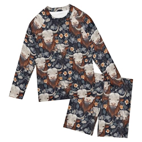 Highland Cow Flowers Animal Baby Boys' Toddler Long Sleeved Rashguard Swim Bathing Suit Set B0403266