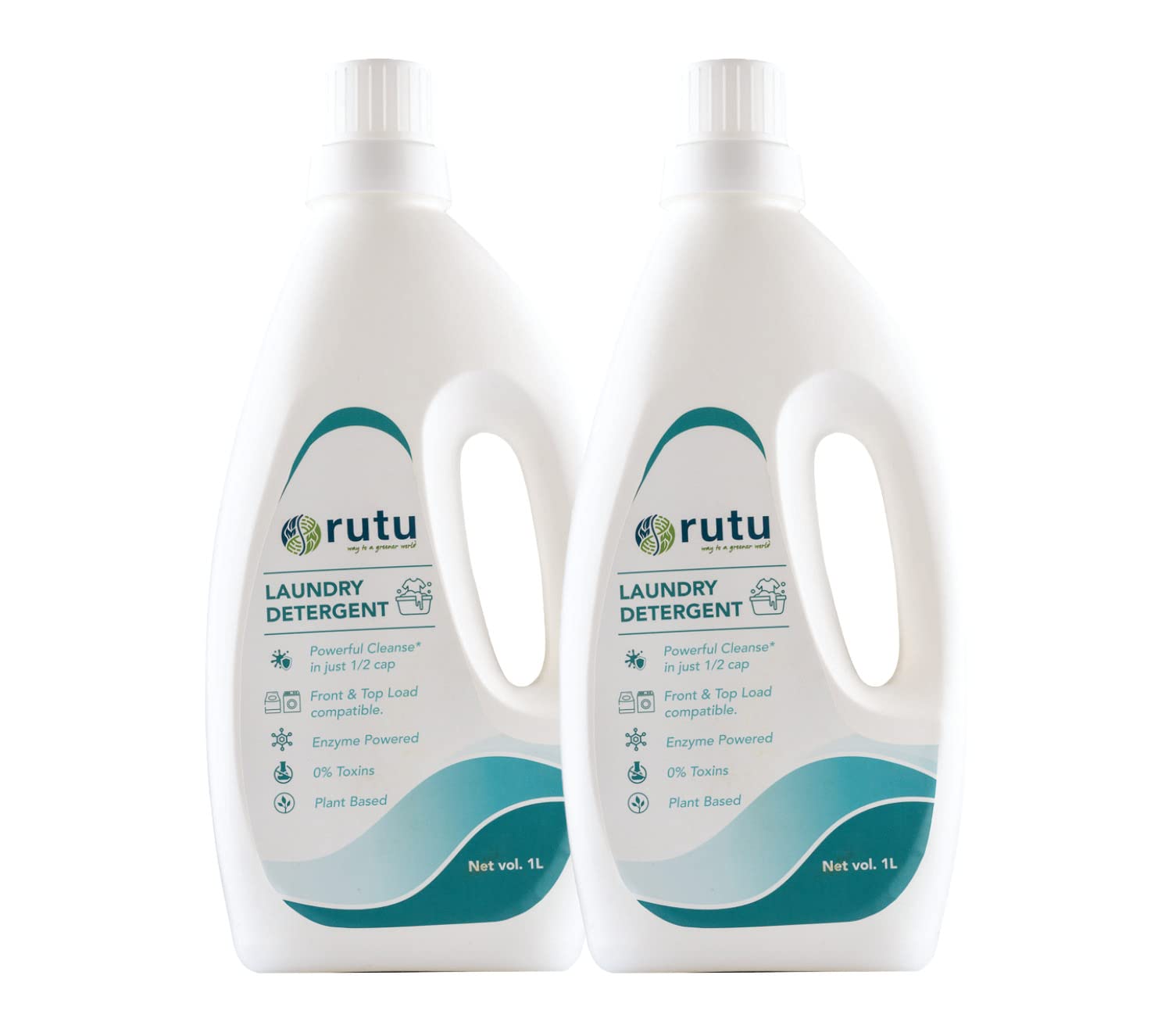 Rutu Laundry Detergent, 1L + 1L | Plant Based, 0% Toxins, Enzyme Powered, Front and Top Load Compatible, Powerful cleanse in just 1/2 Cap | Hand Wash Friendly, Bio-degradable formulation (Pack of 2)