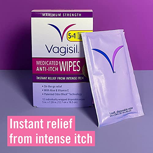 Image of Vagisil Anti-Itch Medicated Feminine Intimate Wipes for Women, Maximum Strength, Gynecologist Tested, 12 Wipes (Pack of 1)