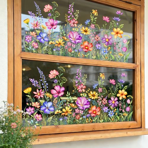 2 Sheets Wildflower Static Window Clings Colorful Spring Summer Floral Window Stickers Double-Sided Anti-Collision Glass Door Mirror Decals