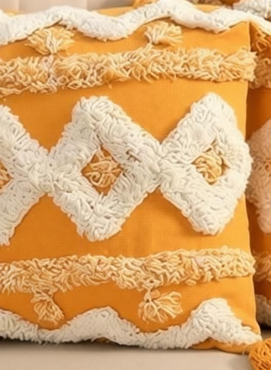 Image of Cushion Cover Pack of 4 (16x16 Inches) | Cotton Textured Decorative Throw Pillow Case for Sofa Bed Living Room Tufted Cushion Cover with Tassels (Yellow)