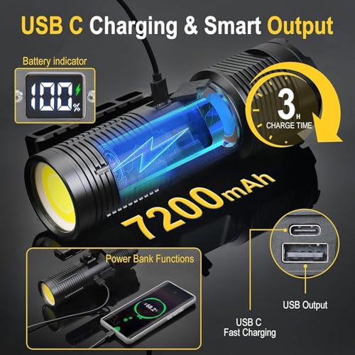 Image of Sarjak High Power Rechargeable Torch Light 1KM Range | 7200mAh Battery | Waterproof Emergency LED Light | Camping, Outdoor, Home Use | USB Charging | Self Defense Flashlight
