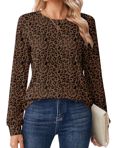 Zeagoo Womens Fall Fashion 2025 Leopard Print Tops Crewneck Long Sleeve Tee Shirts Lightweight Basic Graphic Tshirts