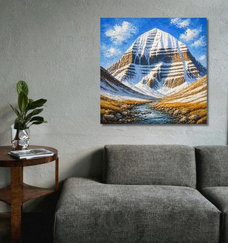 Image of Kunj Cart Mount Kailash Painting | 10+ DESIGNS | Kailash Parvat Canvas Painting for Living Room, Temple Home & Office Wall Decoration (Blue Sky Kailash Mountain, 24x24 Inch, Framed)