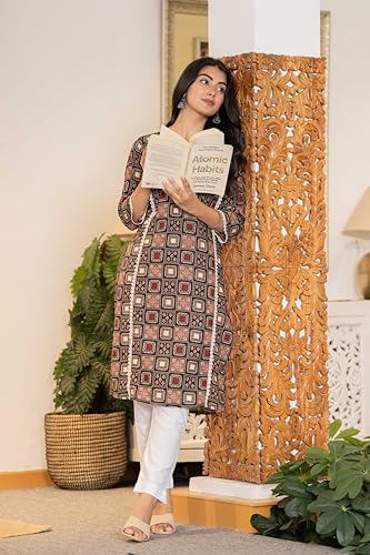 Image of Women's Cotton Straight Kurti with Geometric Print, 3 /4 Sleeves, Lace Trim Detail, Regular Fit, Casual Wear