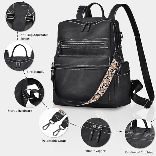 Image of Backpack Purse for Women Pu Leather Travel Backpack Fashion Designer Shoulder Bag Ladies Convertible Handbags (Inky Black)