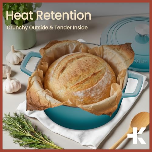 Image of Bakken Enameled Cast Iron Dutch Oven Pot, 6QT Dutch Oven for Bread Baking, Braising & Roasting, Kitchen & Campfire Cooking, Moisture-Locking Lid, Oven Safe Up To 500F, Works on All Cooktops, Teal