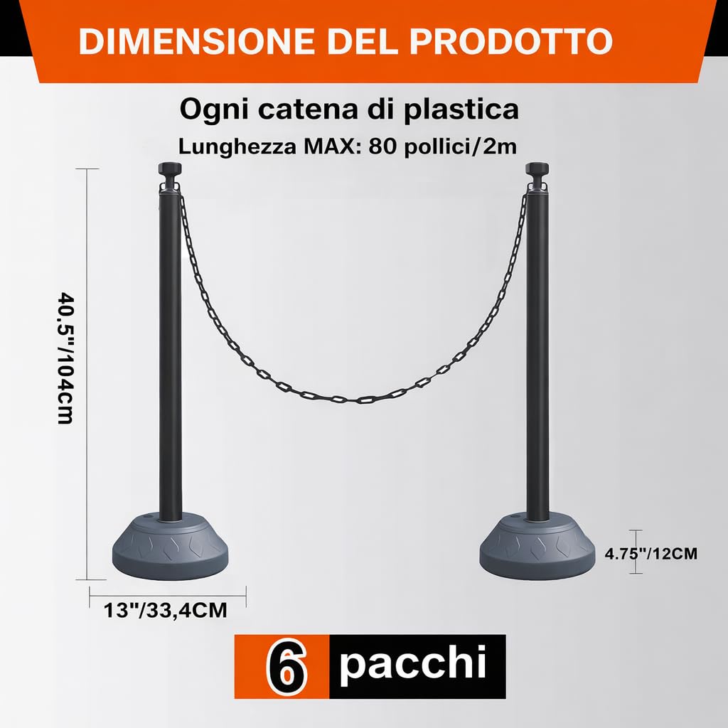 Set da 6 Pali di Contenimento da 102 cm, Posto Delineatore del Traffico con Catene di Plastica e Base Riempita d'Acqua per Parcheggio, Code e Controllo della Folla (Nero)