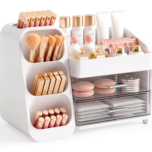 Booklov Large Makeup Organizer for Vanity Countertop, White