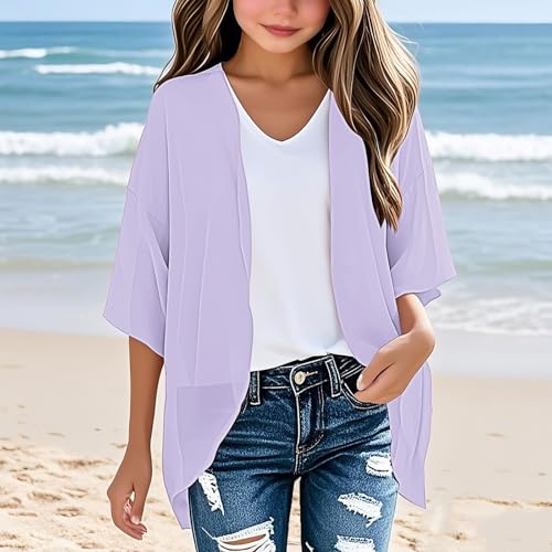Kids Girls 3/4 Length Sleeve Chiffon Cardigan Solid Color Loose Thin Cover Up Blouse Tops 2025 Trendy Lightweight Tees3