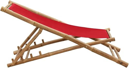 Miniatura 4 de vidaXL Silla de cubierta roja de bambú y lona  Respaldo ajustable  Patio, playa, campamento  Resistente a la intemperie y duradera  Diseño plegable