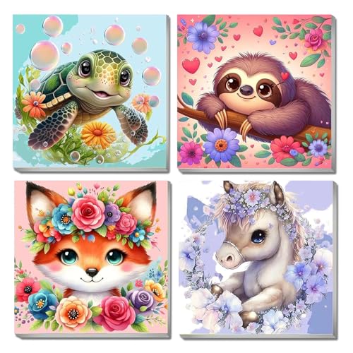 YALKIN 4 Packs Paint by Numbers for Kids Easy Animals Cartoon Painting by Number Kits On Canvas for Adults Without Frame DIY Color Oil Painting Acrylic Paints Home Wall Decor 7.8x7.8in/20x20cm