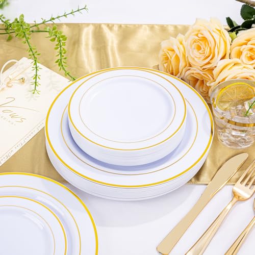 Gold Disposable Dinnerware Set for 100 Guests - 600PC BPA-Free Plastic Plates & Cutlery Kit with 100 Dinner Plates, Salad Plates, Forks, Knives, Spoons & Cups for Wedding, Party, Catering (Heavy-Duty)