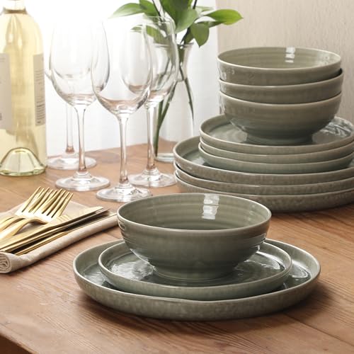 Image of Gibson Elite Eclipse Swirls Plates and Bowls Sets, 12-Piece Stoneware Dinnerware Sets, Reactive Glaze Dish Set - Green