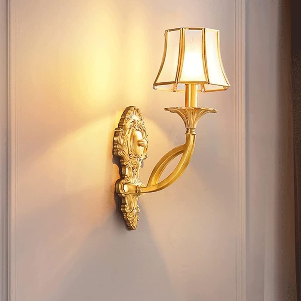 American Brass Matte Glass Wall Sconces Shade Gold Antique Bedside Wall Lamp Modern Bedroom Wall Mounted Lamp European Retro Wall Lantern Decorative Lighting for Living Room Aisle Hallway