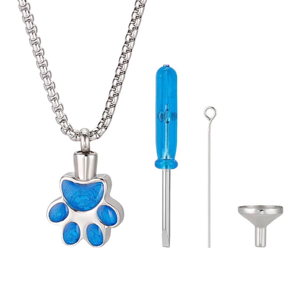 NBEADS Pet Cremation Jewelry for Ashes Paw Print Pet Urn Necklace Pendant Stainless Steel Urn Necklace Ashes Jewelry Making Kits with Filling Kits for Dog Cats Pet Ashes Keepsake Blue