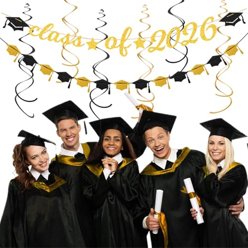 Image of Black Gold Graduation Party-Decorations Garland - 36pcs Congrats Grad Class 2026 Banner,Hat Hanging Streamers,College High School Congratulations Master Celebration Classroom Backdrop Decor Burgleda