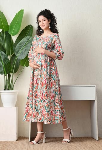 Image of Ichaa Women's Aqua Rayon Printed Maternity Dress with Feeding Zips and Pocket, in Plus Sizes