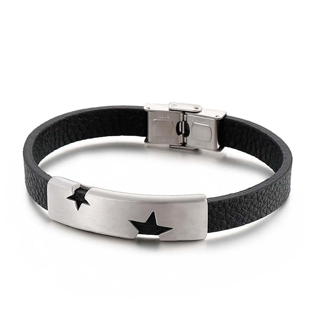 Hinghok Punk Style Cowhide Stainless Steel Men Bracelet Star Hollow Decoration Jewelry Party Gifts KB146619-KLHQ 21cm
