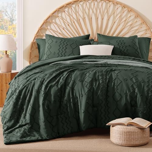 AMBERSPACE Full Size Comforter Set Dark Green, Tufted Boho Bedding Farmhouse Bed Set, All Season 7 Pieces Bed in a Bag with Sheets, Pillowcases & Shams