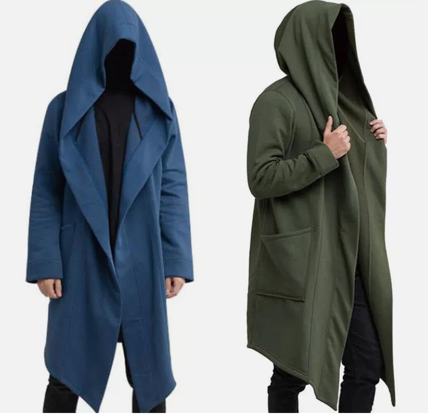 Hulpvktsgiq Men's Long Hooded Cardigan Ruffle Shawl Collar Open Front Outwear Lightweight Drape Cape Overcoat4