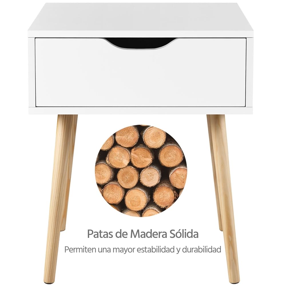 Yaheetech 2pcs Mesillas de Noche con 1 Cajón Mesitas de Noche | para Dormitorio Mesa Auxiliar de Madera para Sala de Estar Blanco 48,5×41×57,5 cm