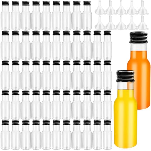 50 Pack Mini Liquor Bottles with Black Cap 1oz Plastic Spirit Alcohol Bottle with 10pcs Mini Funnels for Weddings Party Favors