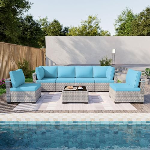 Image of Outdoor PE Wicker Rattan Modular Patio Sectional Sofa Set | 7-Piece: 6 Modular Seats & Coffee Table with Thick Cushions, Lake Blue