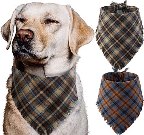 Autumn Dog Flannel Bandana, 2Pack Washable Square Reversible Plaid Pet Kerchief Set Scarf Accessories for Small to Large Dogs Cat