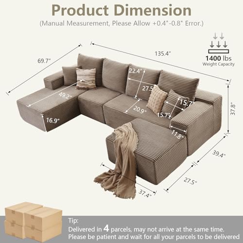 Image of Lakifun 135 inch L-Shape Sofa with Ottoman, Modern Modular Sectional Comfy U-Shape Cloud Couch, Deep Seat, Upholstered Corduroy Sleeper Chaise Longue for Living Room Bedroom, No Assembly Required, Camel