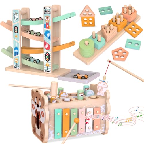 Image of Wooden Montessori Toys for 1 Year Old, Pounding Hammering Toy with Xylophone & Fishing Game, Car Ramp Toy, Stacking Blocks & Shape Sorter 3 in 1 Wooden Toddler Toys 1 2 3 for Christmas Birthday Gifts