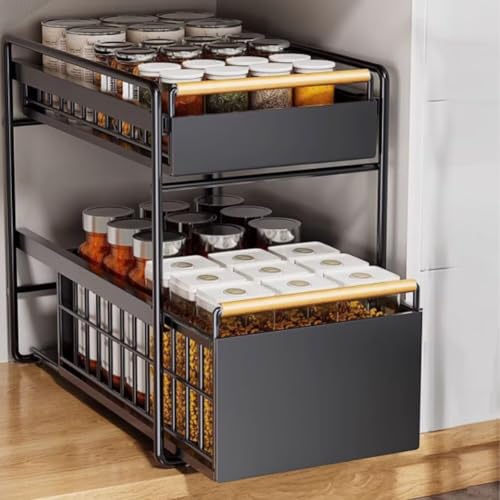 【2026新登場 & 組立不要！】シンク下 スライドラック シンク下収納 スライド引き出し収納ラック 2段 キッチン バス リビング対応 8ローラー 大容量 省スペース 隙間収納 高さ調整 カーボンスチール製 耐荷重 防錆 ホワイト/ブラック 大サイズ（40*28*37cm）