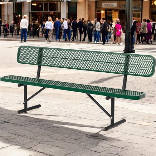 Image of Heavy Duty Park Bench with Back Portable Frame, Outdoor Steel Bench with Backrest, Outdoor Park Bench Expanded Metal Mesh Bench for Lawn, Park, Deck, Garden, Patio, Porch, Black (Green, 8FT)