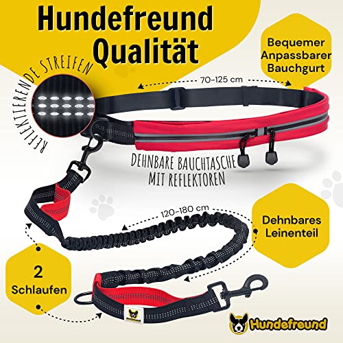 Hundefreund Joggingleine mit Bauchgurt Rot | Laufleine Elastisch Ruckdämpfend Reflektierend für mittelgroße und große Hunde bis 70 kg | Freie Hände zum Joggen Laufen Radfahren Wandern