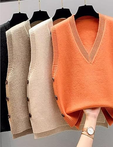 Image of Womens Knit Sweater Vest Side Button Down Pullover Sleeveless V Neck Knit Sweater Vest(0312-Orange-L)