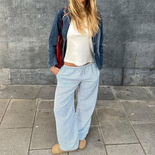 Damen Gestreifte Hose Leichte Lange Sommerhose Lose Fit Freizeithose Elastische Taille Hosen Streetwear Loungewear – Bild 5