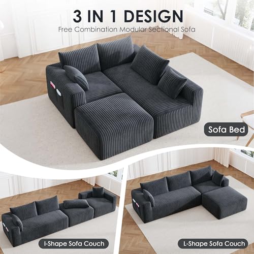 110”Modern Modular L-Shape Couch with Chaise, Modular Sectional Couches for Living Room, Deep Seat Boneless Sofa Bed, No Assembly Required Sleeper Sofa, Plush Corduroy Fabric, Dark Gray