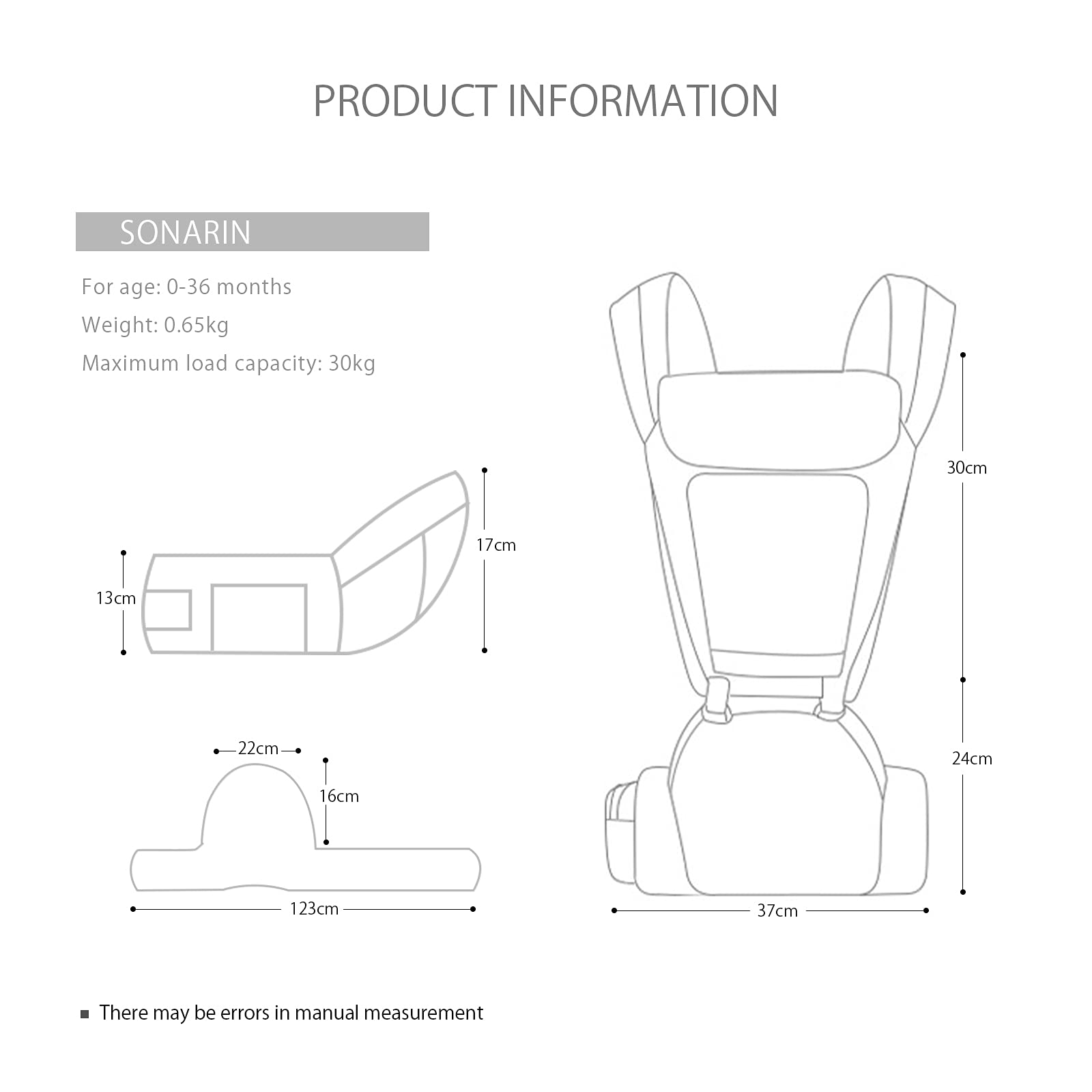SONARIN Marsupio Neonati Ergonomico con Sedile,Puro Cotone Portantina Leggero e Traspirante per Bambini da 0-36 Mesi,Approvato da Standard di Sicurezza,Multiposizione,Fino a 30 KG(Grigio)