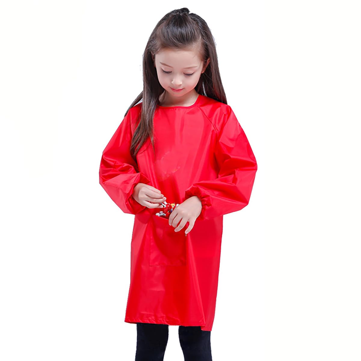 WULIQIUQIU Kids Art Smock, Waterproof Artist Painting Apron Smocks for Children Full Coverage Long Sleeve Smock with Pocket Red XL - Image 3