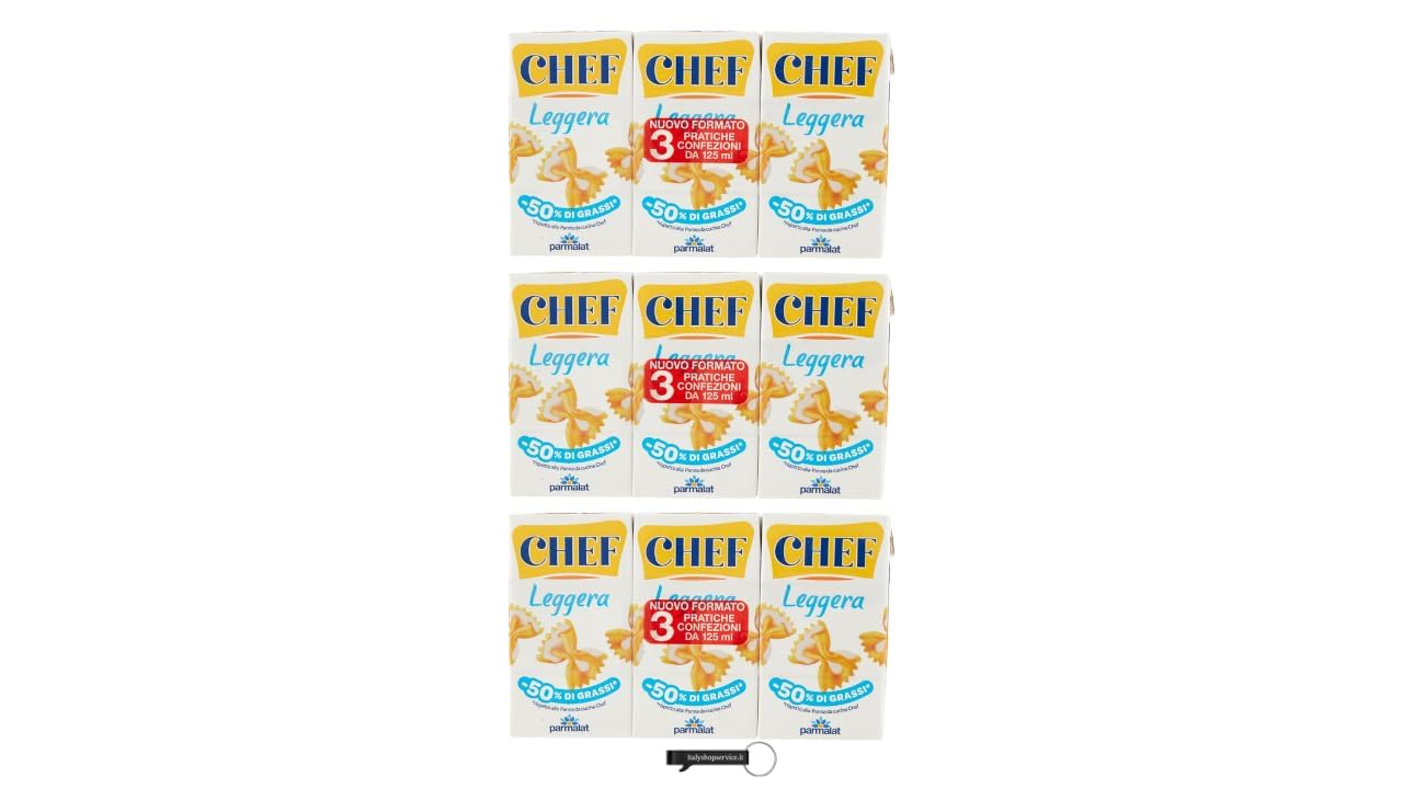 Parmalat Chef Leggera Crema da Cucina Light, Confezione da 9 x 125 ml, 50% Meno Grassi, Doppio Pack con Portachiavi italy shop service