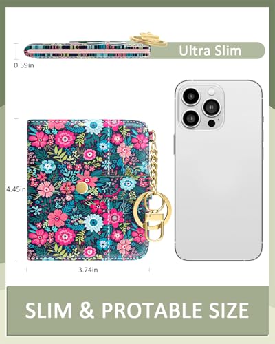Womens Wallet, RFID Small Wallets for Women, Slim Compact Credit Card Holder, Cute Leather Bifold Ladies Purse with Zipper Coin Pocket and ID Window, Colorful Flowers2